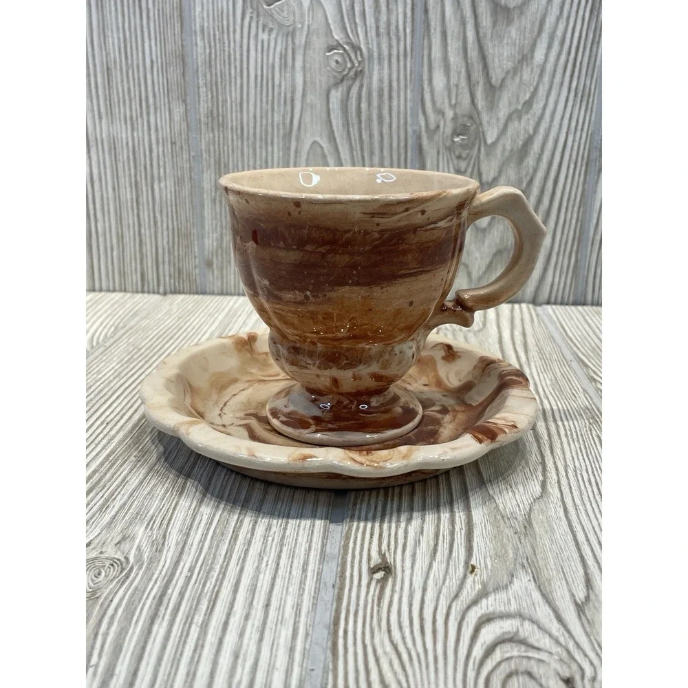 Sitka Clay Studio Pottery Marbled Agateware Teacup and Saucer Set Brown Cream